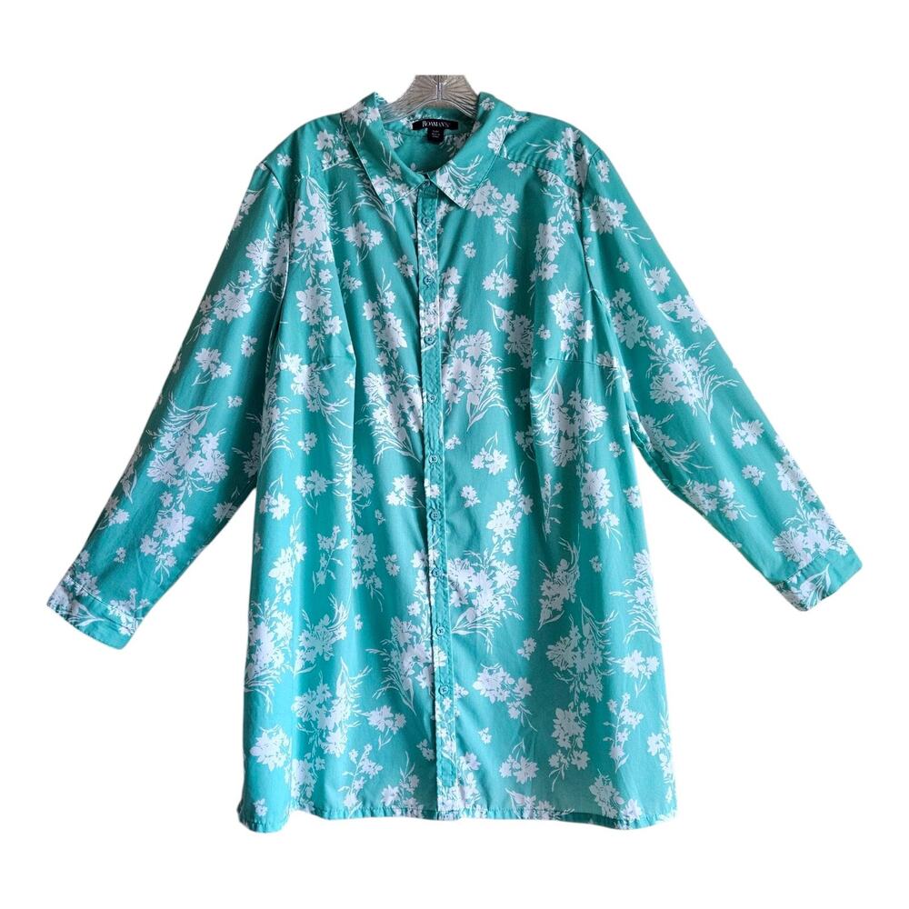 ROAMAN'S Plus 24 W Tunic Shirt Teal White Floral Long Sleeve Side Slits 52"